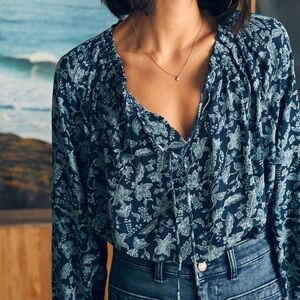 Faherty Emery Floral Boho Blouse Navy / Blue Oversized Size Small